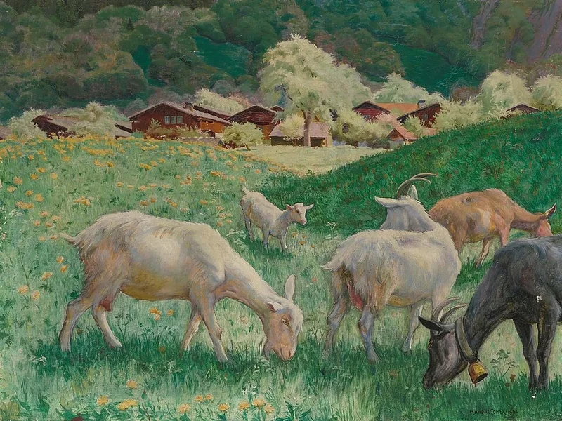 1872-Hans Widmer - Paesaggio primaverile vicino a Brienzwiler con capre al pascolo, 1906